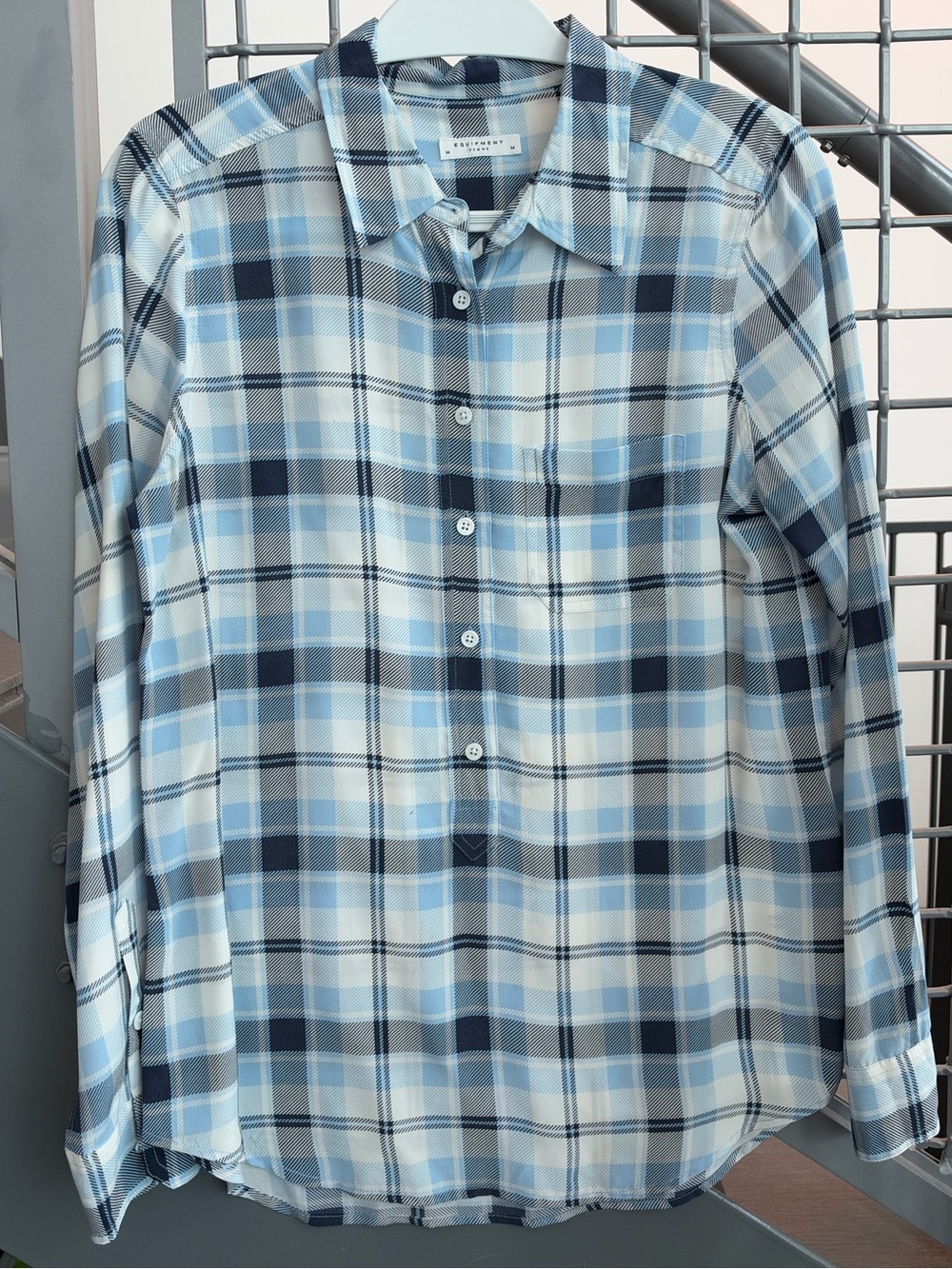 Equipment Women’s Blue and White Plaid Button-Down Shirt Size M